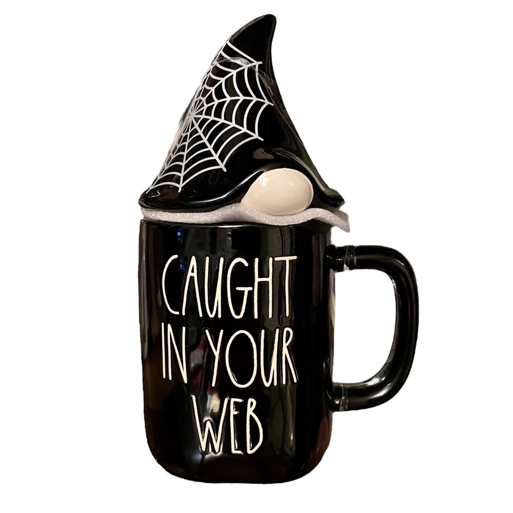 3 for $25 Rae Dunn Halloween Spiderweb Gnome Coffee Mug W Lid CAUGHT IN YOUR WEB